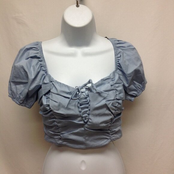 Forever 21 Juniors Ladies Woven Lace Up Back Zip Puff Sleeve Crop Top Size Small - Picture 2 of 3